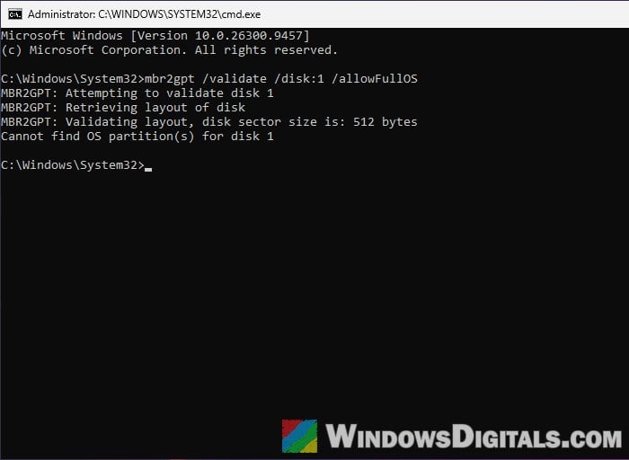 MBR2GPT "Cannot find OS partition(s) for disk 0" in Windows 11 or 10