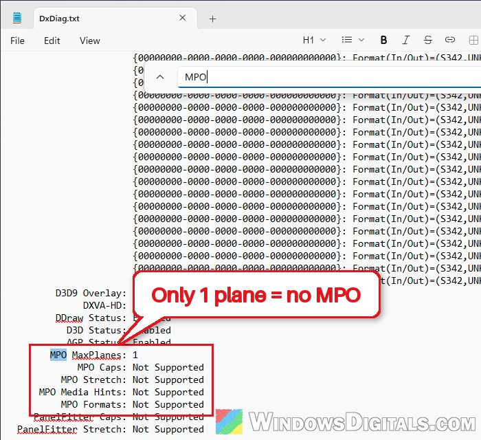 MPO MaxPlanes in DxDiag text file Windows 11