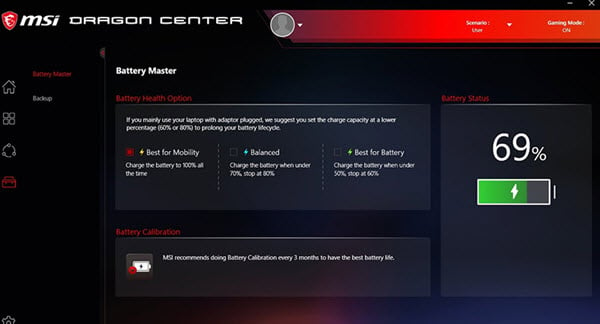 MSI Dragon Center to check battery health