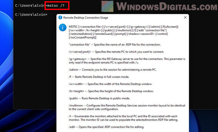 MSTSC command prompt usage
