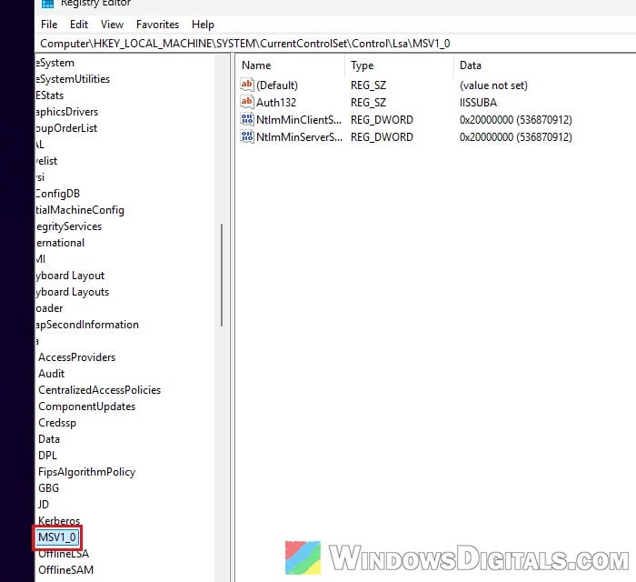MSV1_0 key in Registry Editor Windows 11