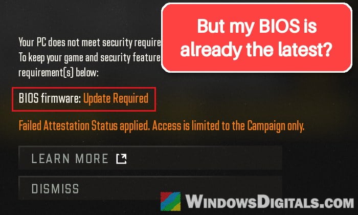 MW4 Says "BIOS Firmware Update Required" but Your BIOS Is Up to Date