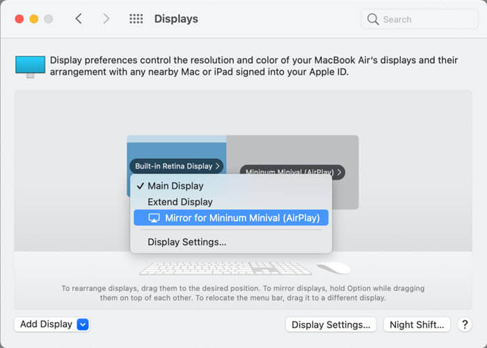 Mac airplay mirror or extend display and arrangement settings