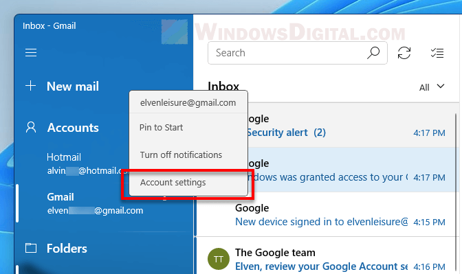 Mail app account settings Windows 11