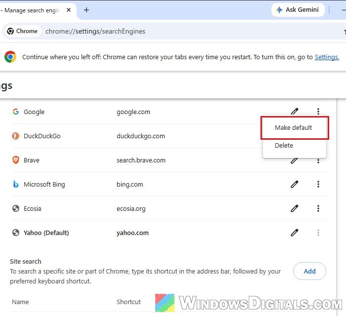 Make Google default search engine in Chrome
