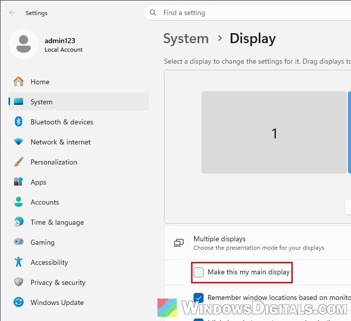 Make this my main display Windows 11 Display settings