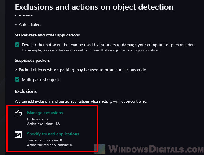 Manage Kaspersky Antivirus exclusions of files, folders or applications