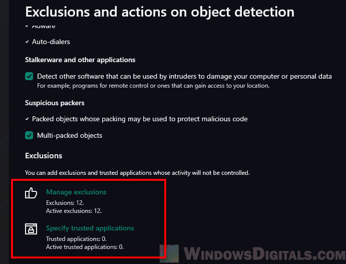 Manage Kaspersky Antivirus exclusions of files, folders or applications