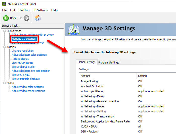 Manage NVIDIA 3D Settings