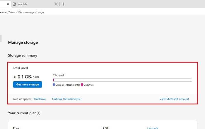 Manage OneDrive storage page used space breakdown