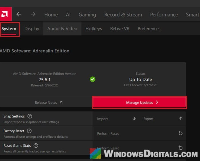 Manage Updates in AMD Software Adrenalin Edition System tab