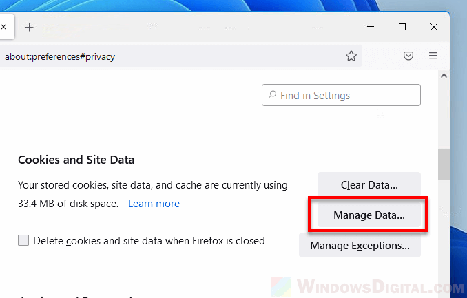 Manage data Firefox