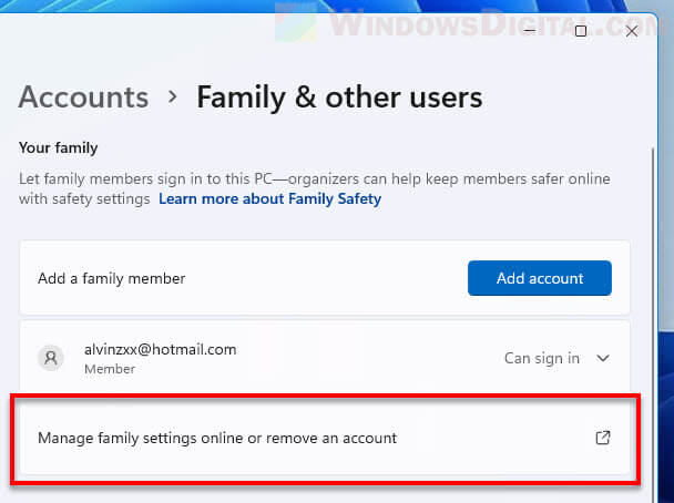 Manage family settings online or remove an account