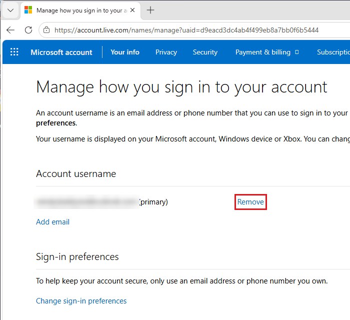 Manage how you sign in to Microsoft remove alias