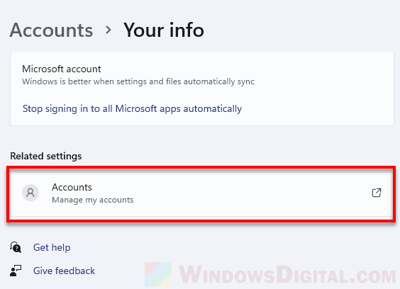 Manage my accounts Windows 11