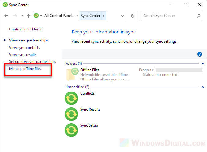 Manage offline files to disable sync center