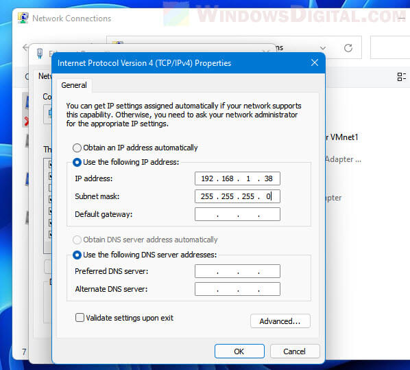 Manually assign IP Address Windows 11