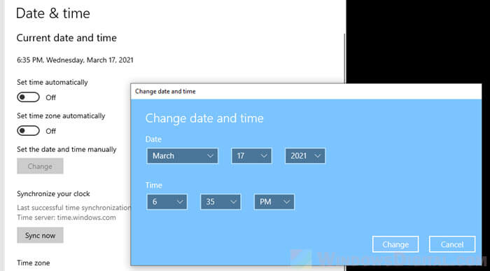 Manually set or change the date and time in Windows 10