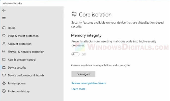 Memory Integrity can't be turned on Windows 11
