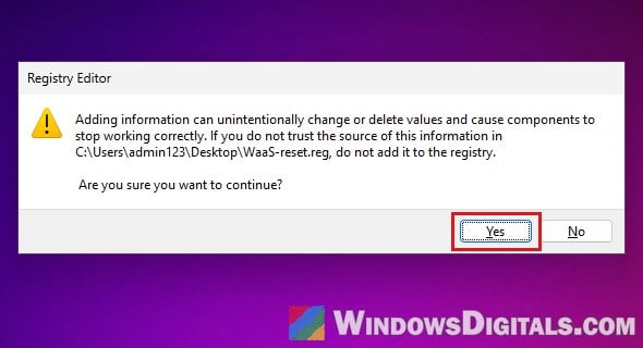 Merge WaaS-reset.reg Registry Editor confirmation