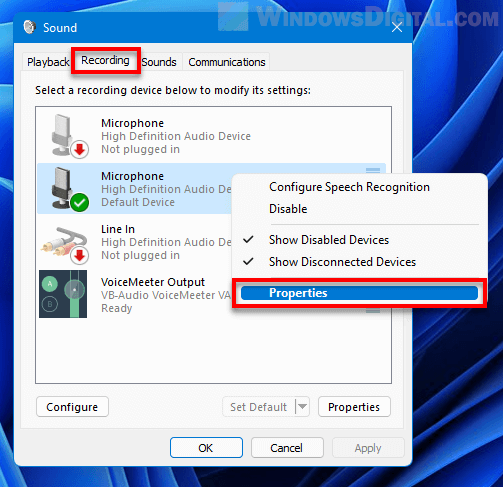 Microphone properties Windows 11