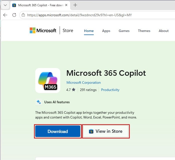Microsoft 365 Copilot Microsoft Store page