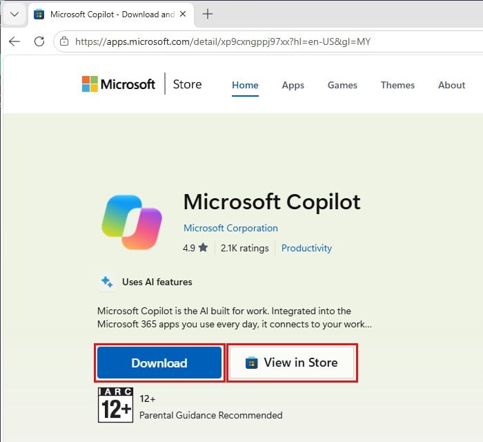 Microsoft Copilot Microsoft Store page Download View in Store