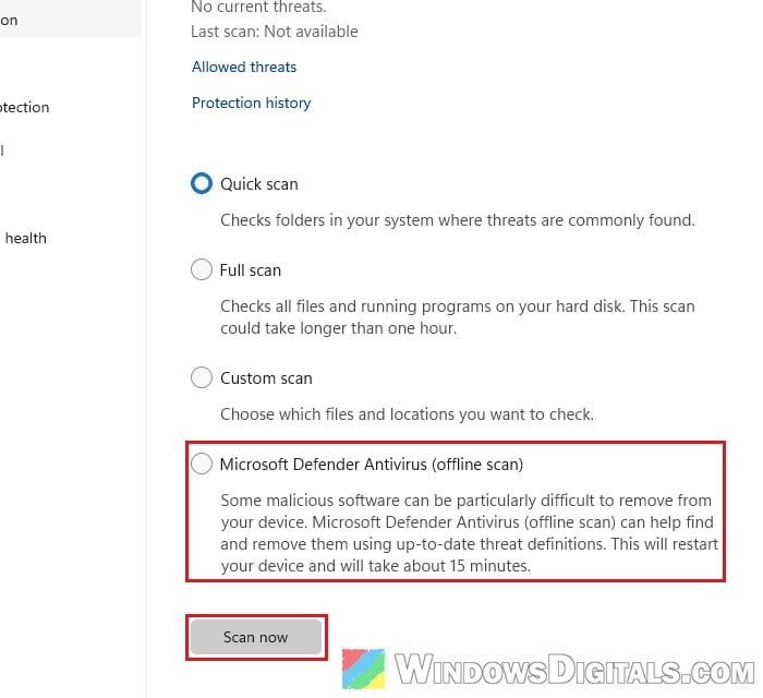 Microsoft Defender Antivirus offline scan Windows 11