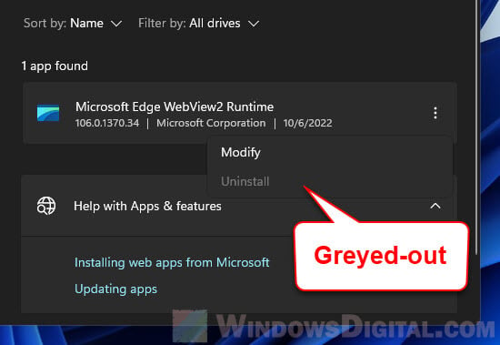 Microsoft Edge WebView2 Runtime Uninstall Greyed Out