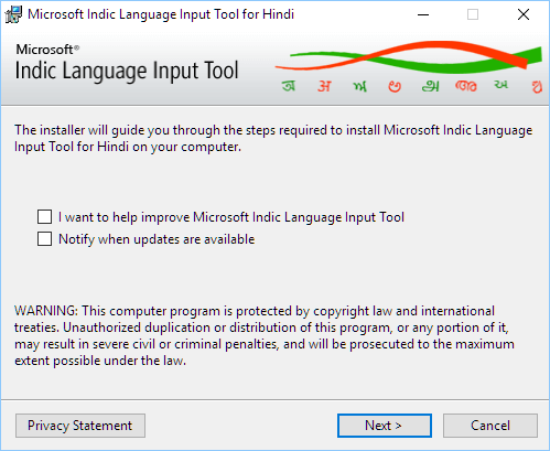 Microsoft Indic language input tool for Windows 10 64 bit