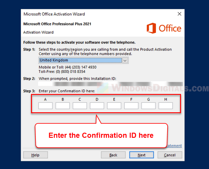 Microsoft Office activation by phone Confirmation ID