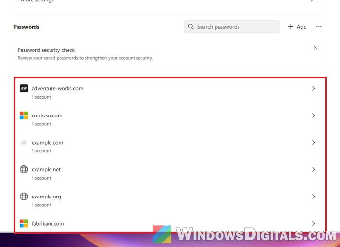 Microsoft Password Manager saved passwords list in Edge