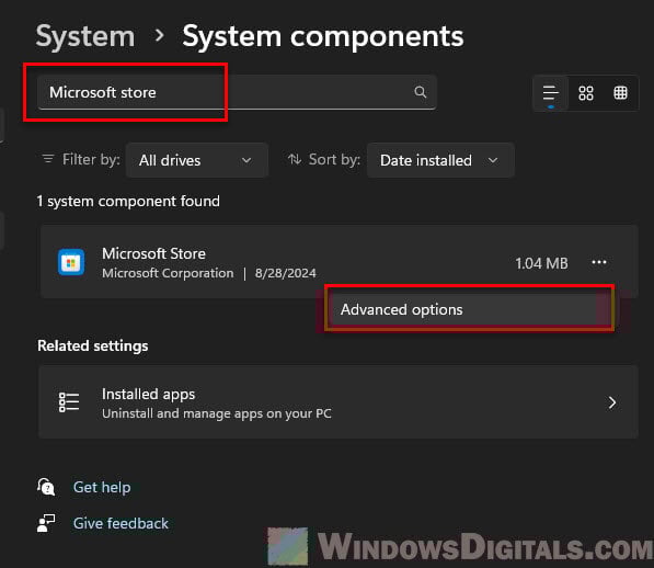 Microsoft Store Advanced options Windows 11