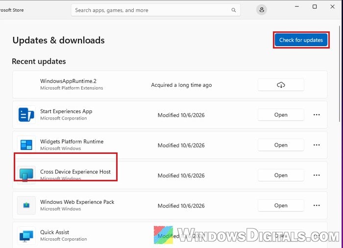 Microsoft Store Check for updates Cross Device Experience Host Windows 11