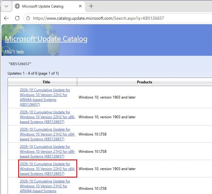 Microsoft Update Catalog KB5126657 Windows 10 22H2 x64