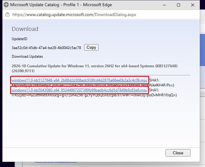 Microsoft Update Catalog KB5127648 and KB5043080 msu files