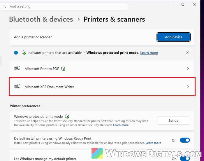 Microsoft XPS Document Writer in Printers and scanners Windows 11