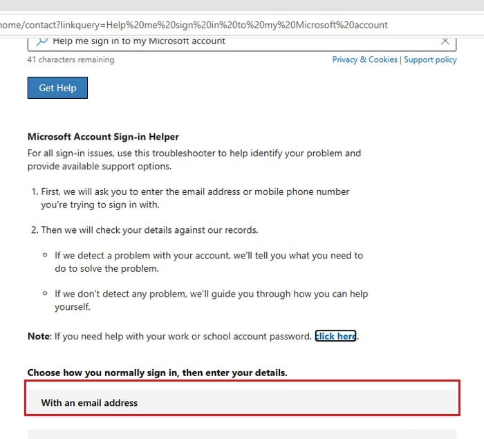 Microsoft account Sign-in Helper with an email address