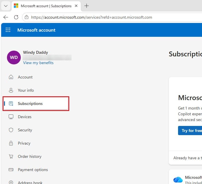 Microsoft account Subscriptions page