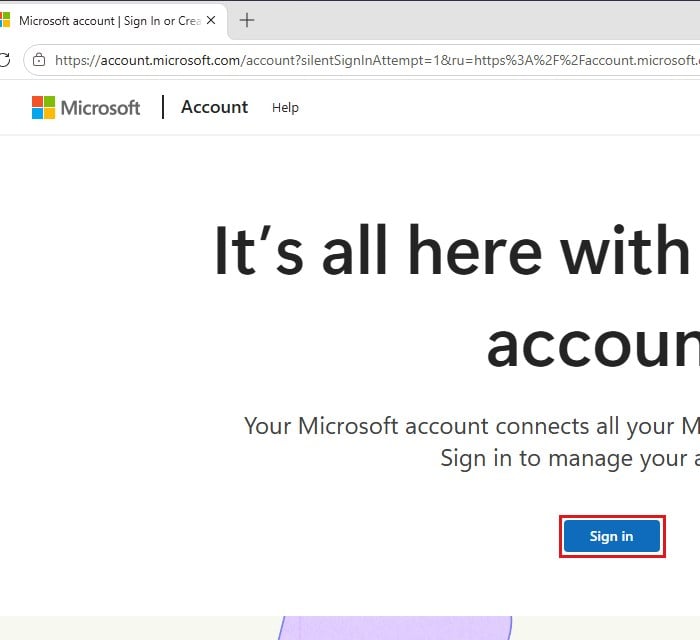 Microsoft account page create account or sign in