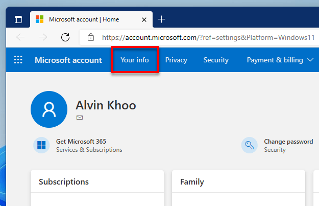 Microsoft account profile page Your info