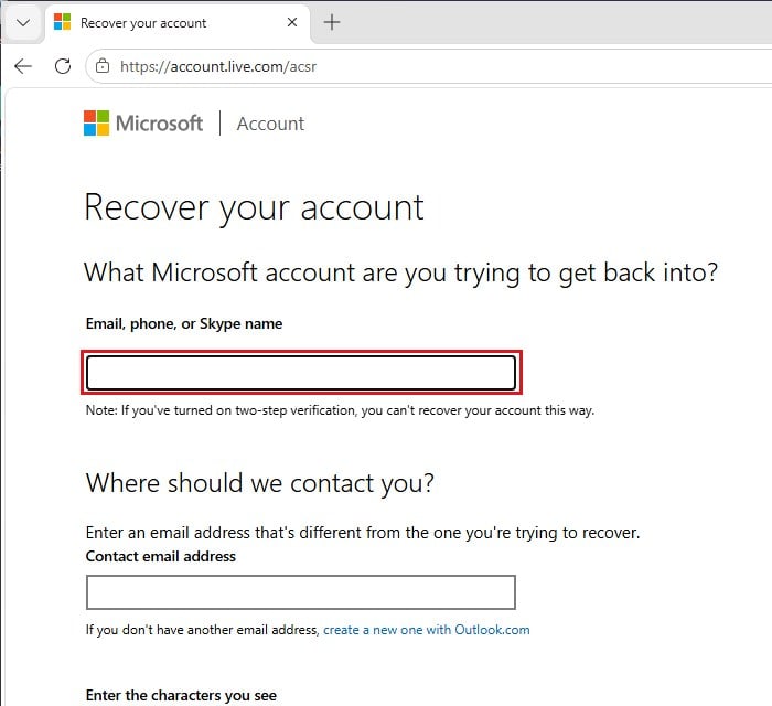 Microsoft account recovery form acsr