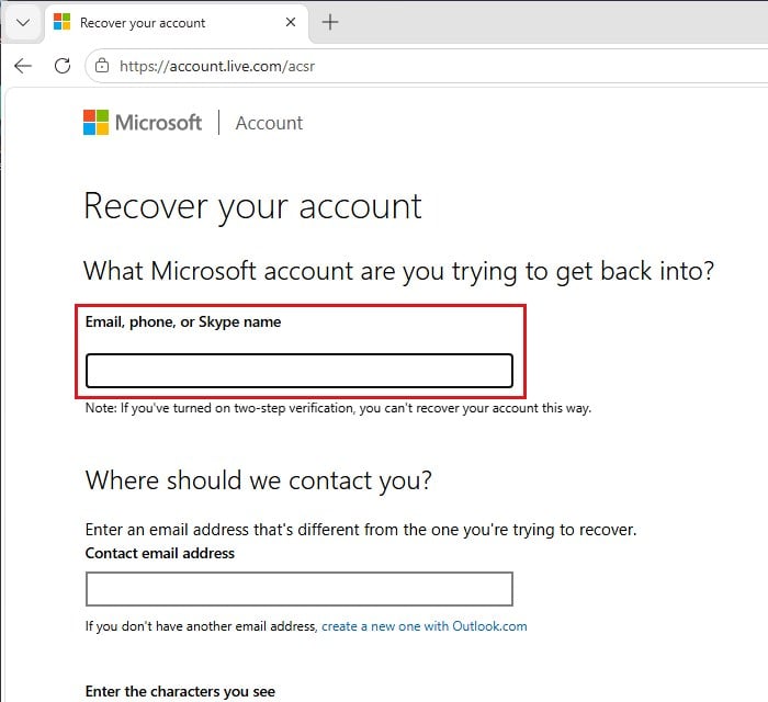 Microsoft account recovery form acsr