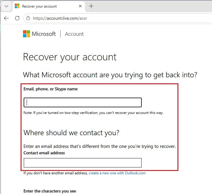 Microsoft account recovery form page