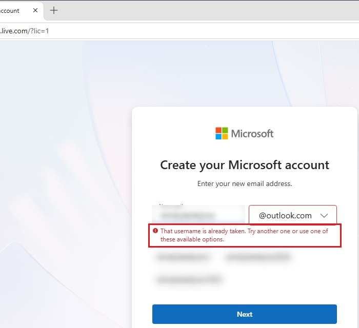 Microsoft account username already taken sign up error