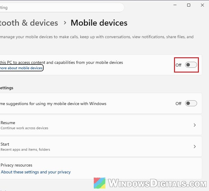 Mobile devices settings Windows 11