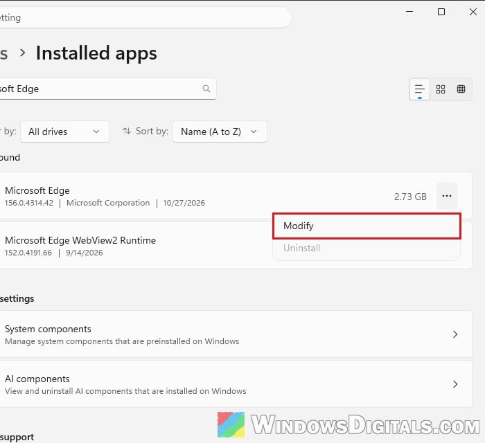 Modify Microsoft Edge in Installed apps Windows 11
