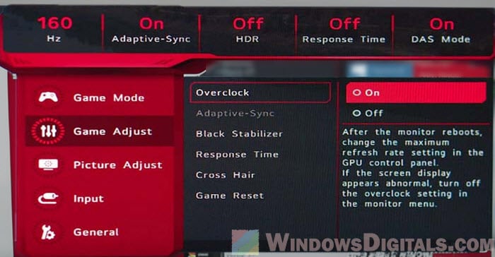 Monitor 144Hz OSD overclock maximum refresh rate settings