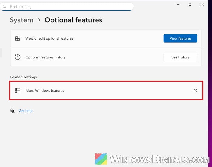 More Windows features in Optional features Windows 11