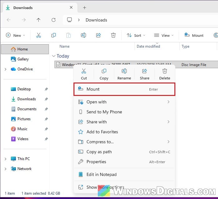 Mount Windows 11 ISO file in File Explorer